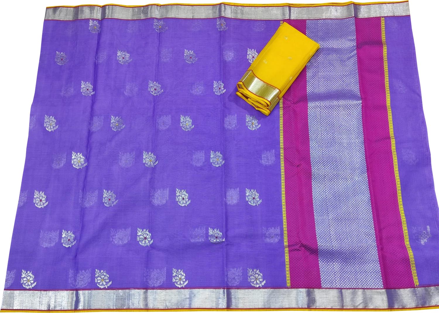 Pure kanchipuram yellow saree with purple border | Silk saree kanchipuram, Yellow  saree, Soft silk sarees