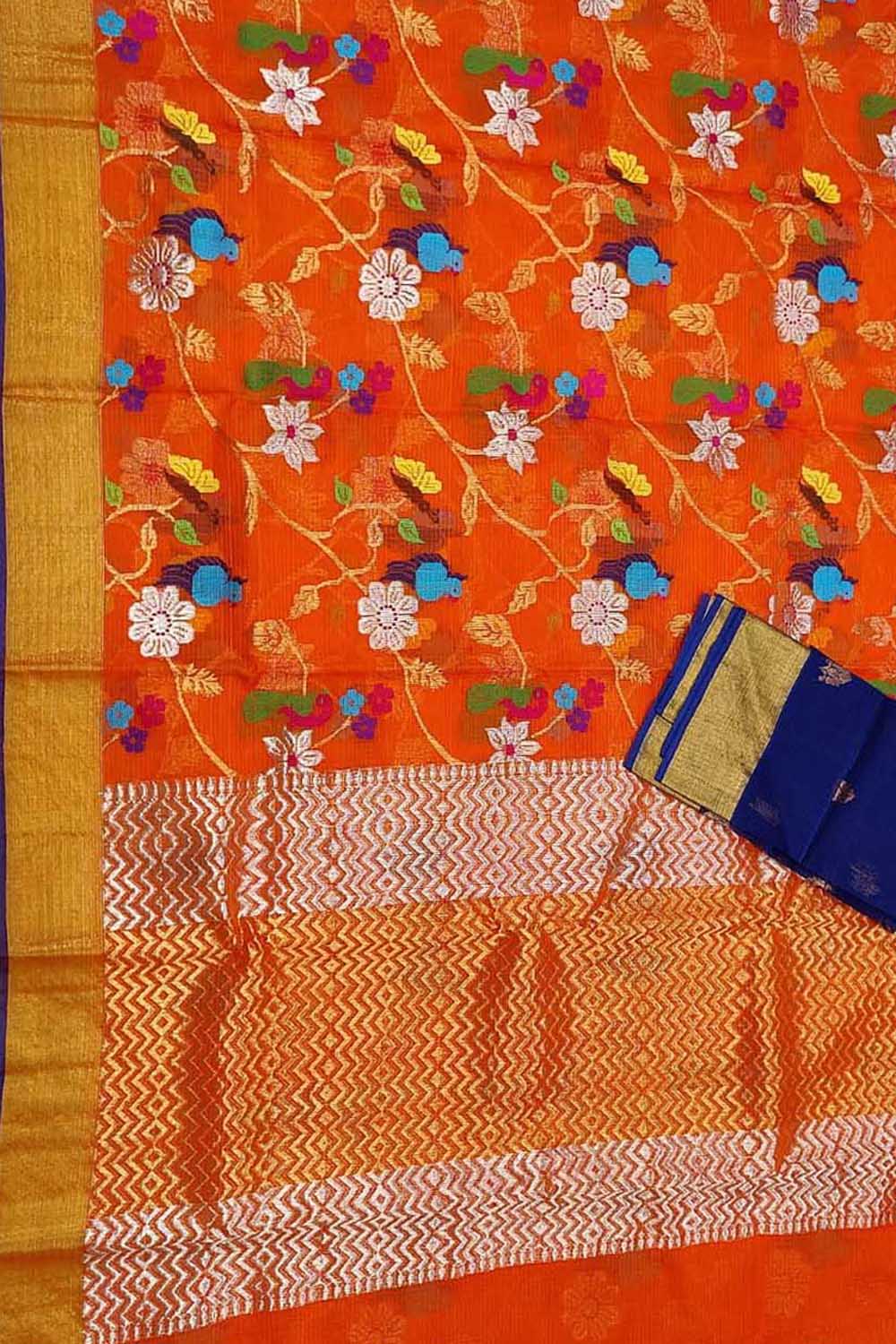 Black and orange cotton Ikkat square neck sleeveless blouse with orange  handloom border.