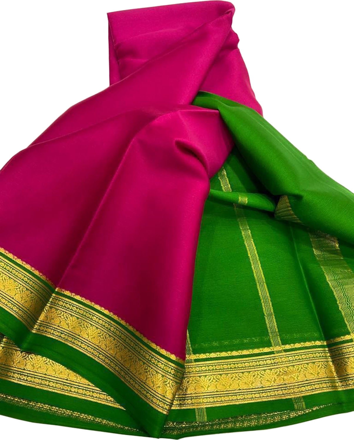 Green plain design mysore silk saree, contrast zari border of jaal designs  & pallu of zari stripes