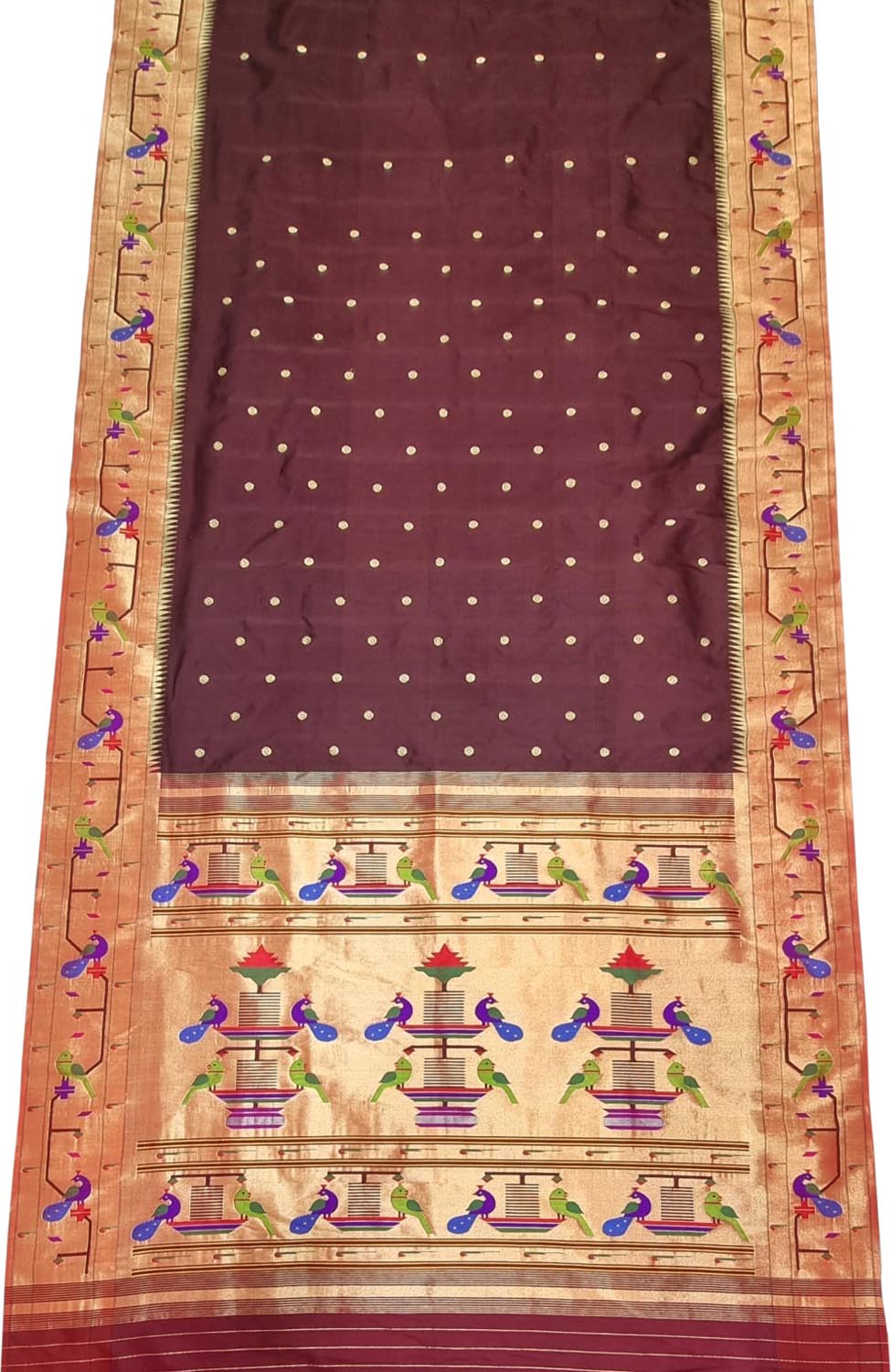 Brown Paithani Handloom Pure Silk Peacock Design Triple Muniya Border Saree - Luxurion World