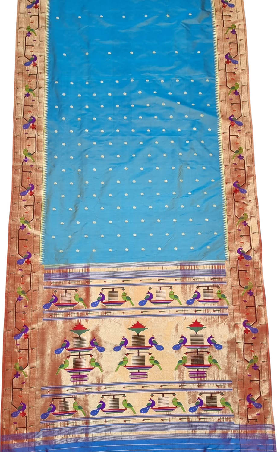 Blue Paithani Handloom Pure Silk Peacock Design Triple Muniya Border Saree - Luxurion World
