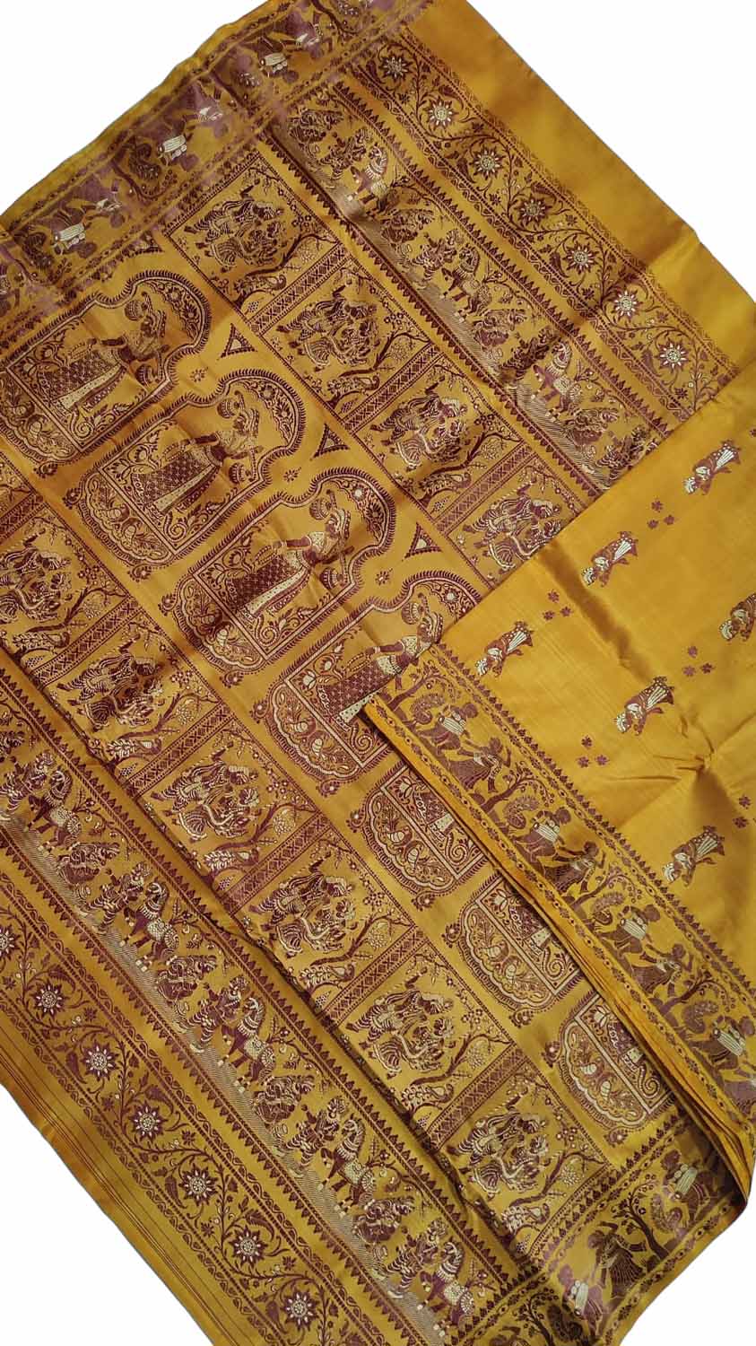 Mustard yellow handwoven silk baluchari saree – GoCoop