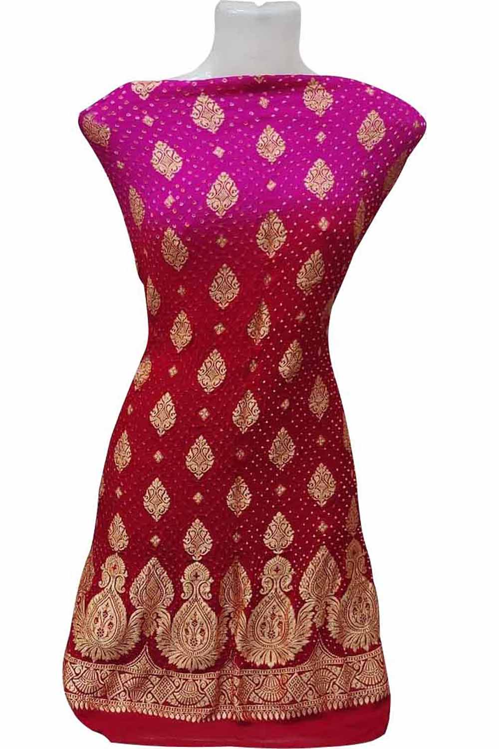 Get 20% Off on Pink & Red Banarasi Bandhani Handloom Pure Georgette Suit  Set – Luxurion World
