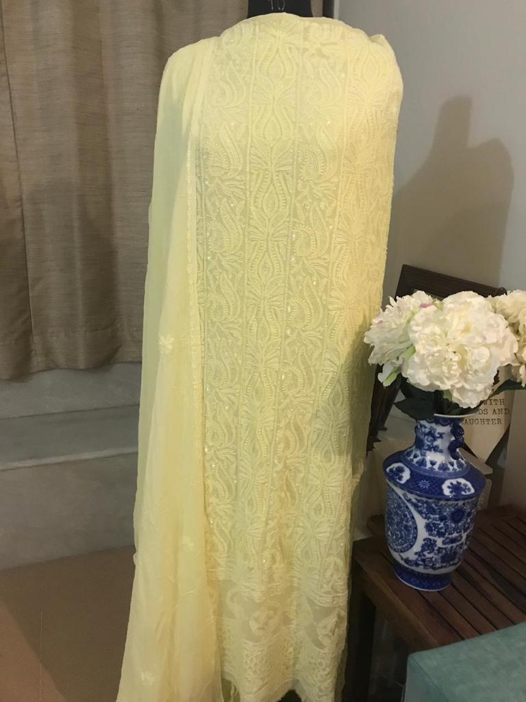 Yellow  Hand Embroidered Chikankari Pure Georgette Gotta Patti Work Kurti - Luxurion World