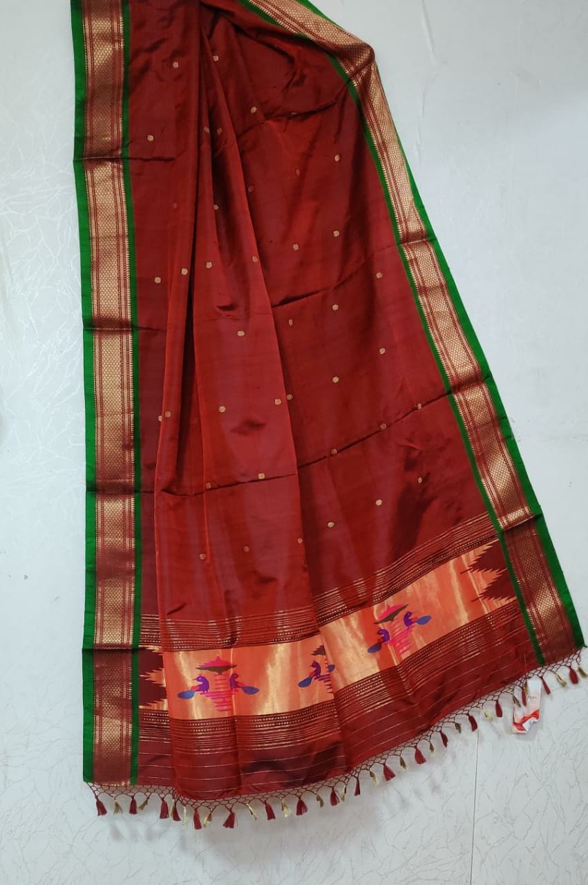 Maroon And Brown Handloom Paithani Pure Silk Peacock Design Dupatta - Luxurion World