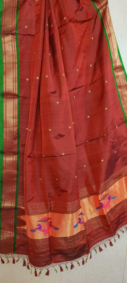 Maroon And Brown Handloom Paithani Pure Silk Peacock Design Dupatta - Luxurion World