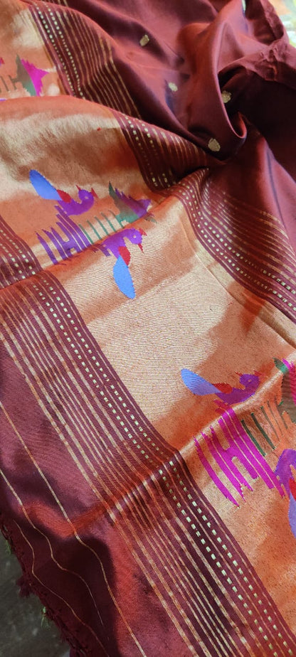 Maroon And Brown Handloom Paithani Pure Silk Peacock Design Dupatta - Luxurion World