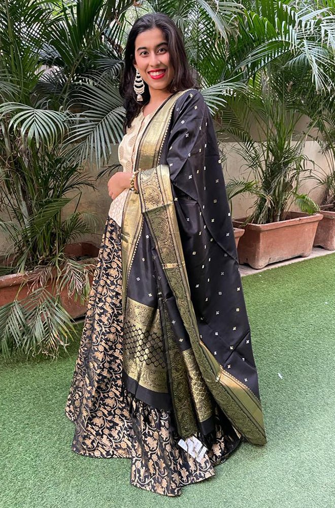 Buy Beige Banarasi Silk Lehenga Style Saree | Lehenga style Sarees