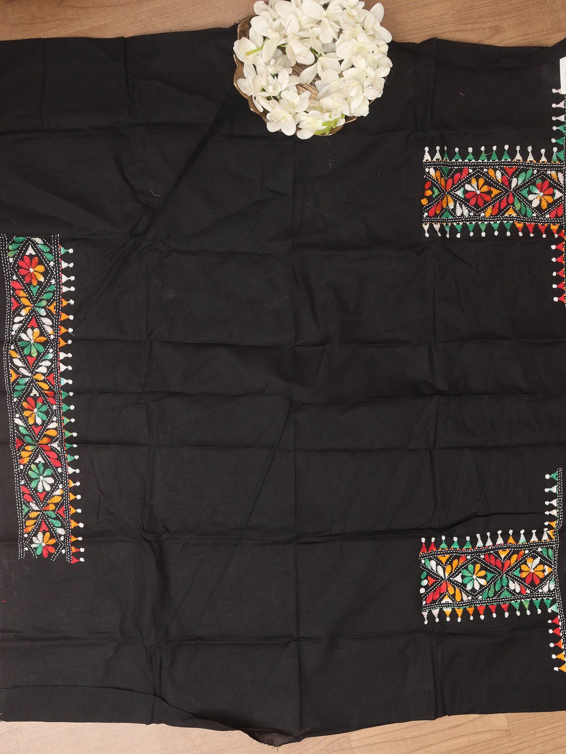 Black Embroidered Kantha Cotton Blouse Piece Fabric ( 1 Mtr ) - Luxurion World