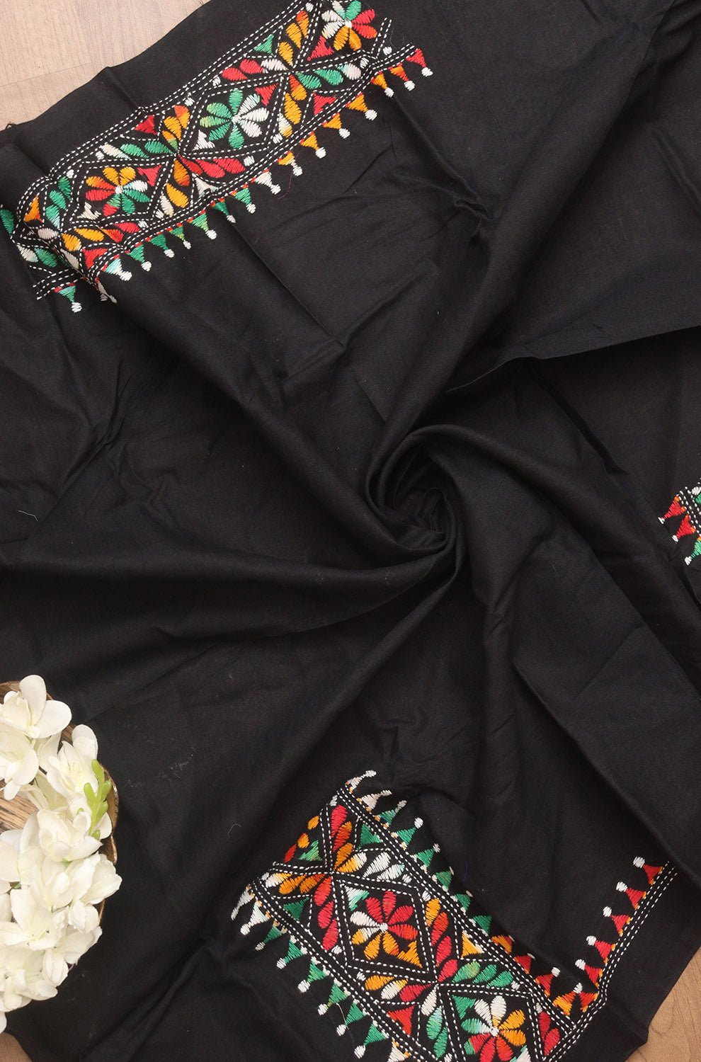 Black Embroidered Kantha Cotton Blouse Piece Fabric ( 1 Mtr ) - Luxurion World