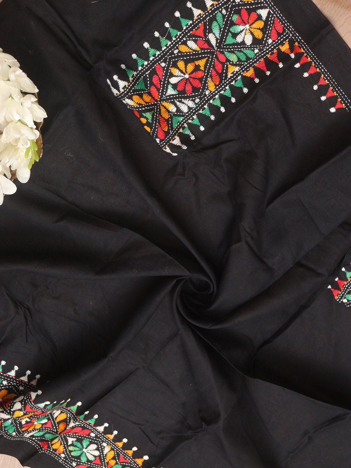 Black Embroidered Kantha Cotton Blouse Piece Fabric ( 1 Mtr ) - Luxurion World