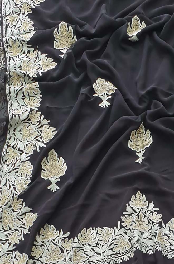 Black Embroidered Kashmiri Aari Work Georgette Saree - Luxurionworld