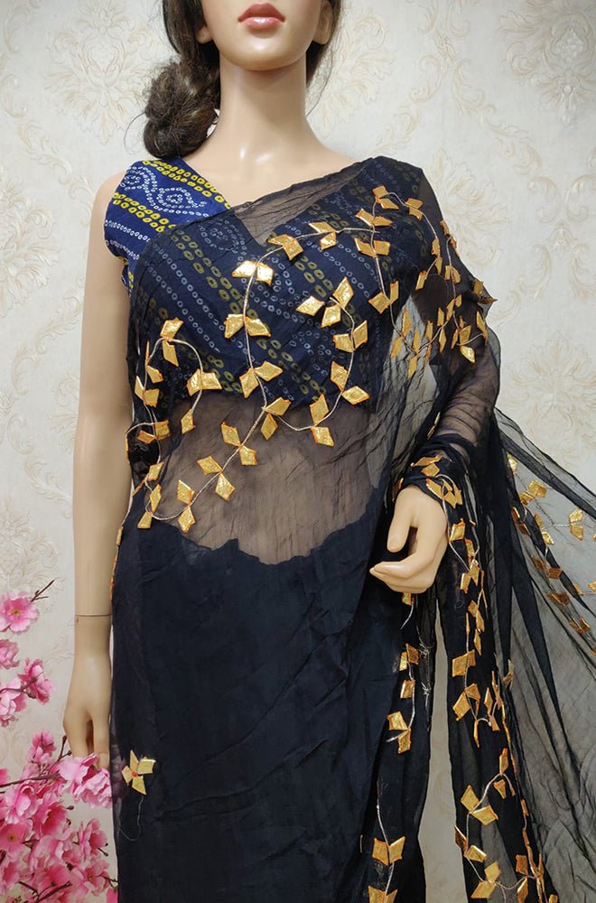 Embellished Satin Chiffon Saree in Black : SCBA1730