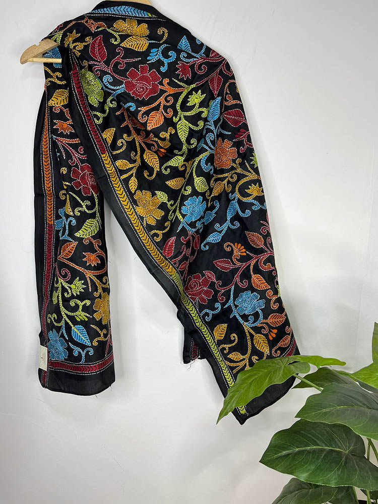 Black Hand Embroidered Kantha Pure Bangalore Silk Stole - Luxurion World