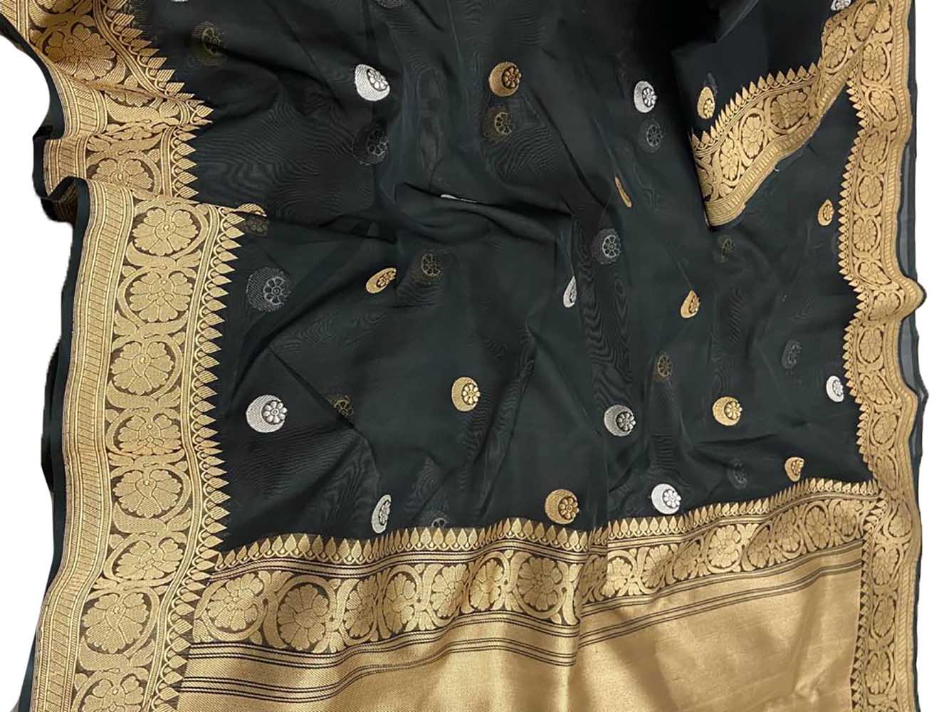 Black Handloom Banarasi Pure Kora Silk Sona Roopa Saree - Luxurion World