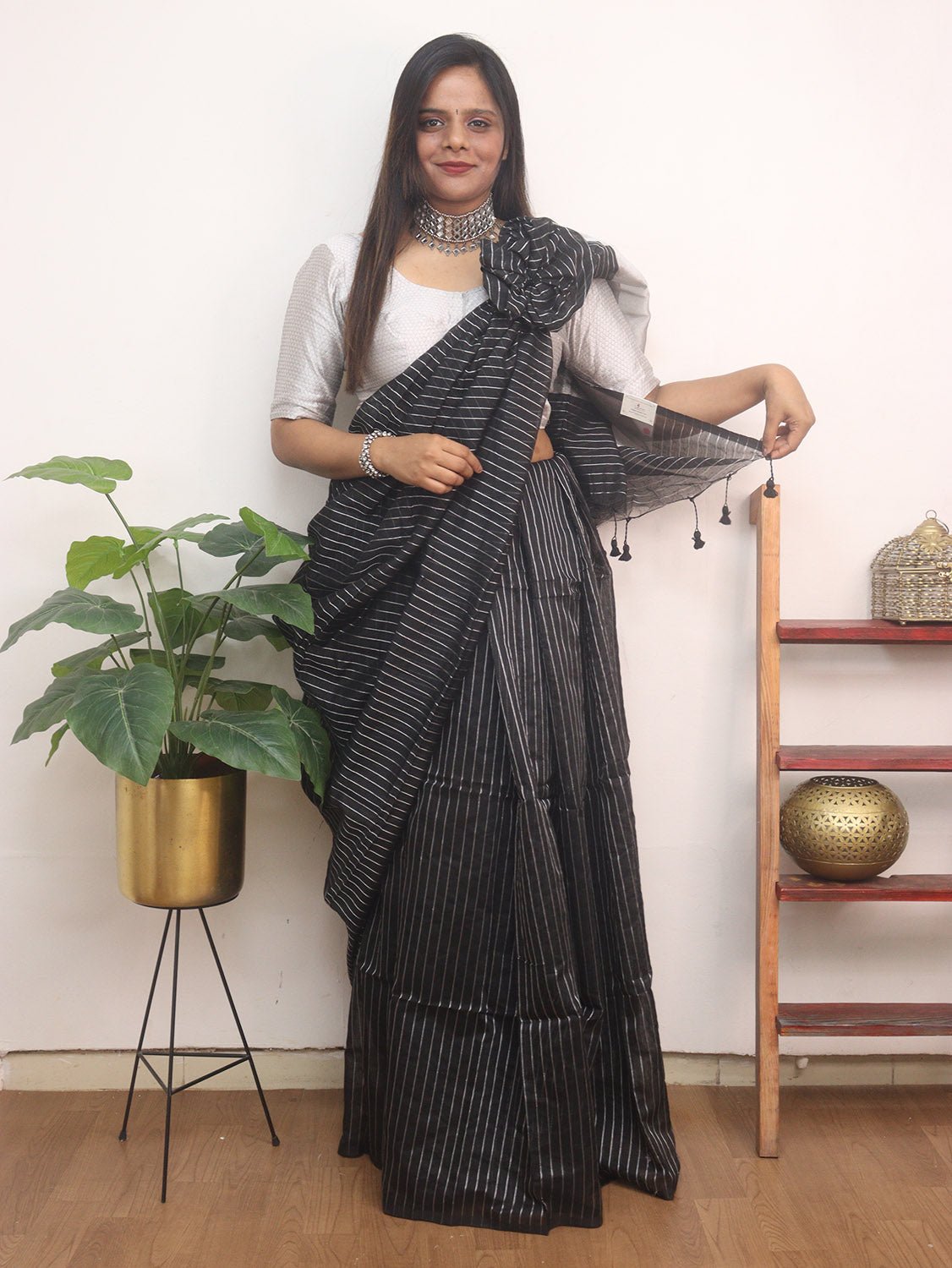 Buy Black With Silver Zari Border Chanderi Pattu Silk Saree AF-389 Online  in India