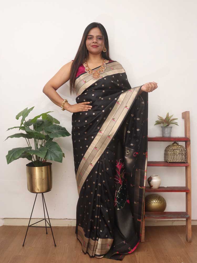 Order Floral Print Ready made Lace Black Georgette Saree