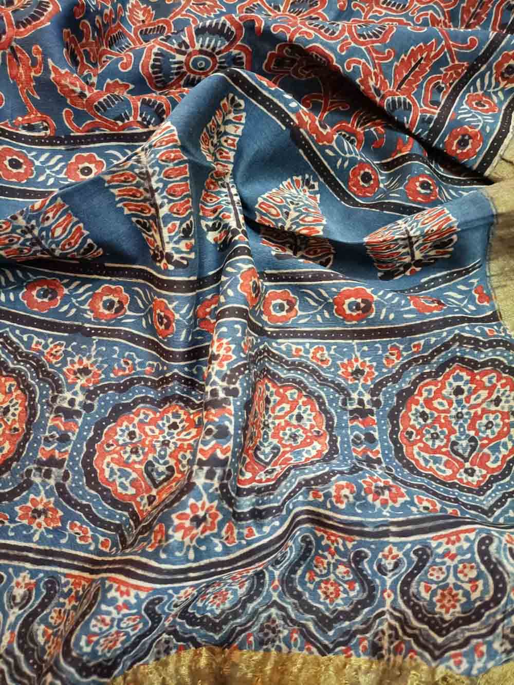 Blue Ajrakh Block Printed Chanderi Silk Tissue Border Dupatta ...