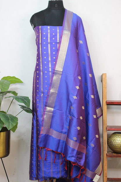 Blue And Purple Shot Banarasi Silk Three Piece Unstitched Suit Set - Luxurion World