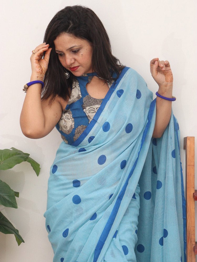 Blue Digital Printed Chinon Silk Saree