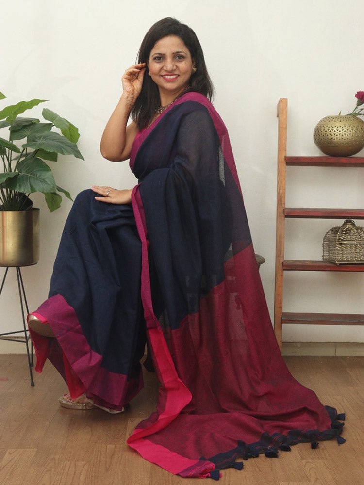 Midnight Rose - Dark Red Mulmul Cotton Saree with Tassels