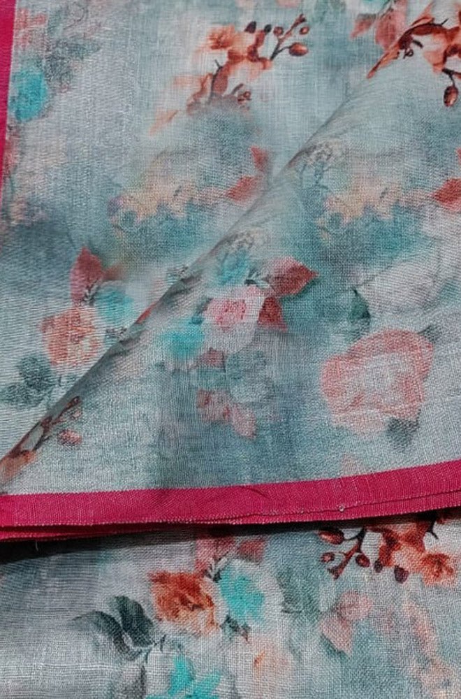 Buy LAMI Women's Cream Digital Print on Cotton Linen Saree, Handmade Jalar  Pallu With Green Design Border at Amazon.in