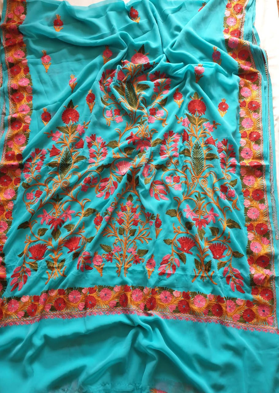 Blue Embroidered Kashmiri Aari Work Georgette Saree - Luxurionworld ...