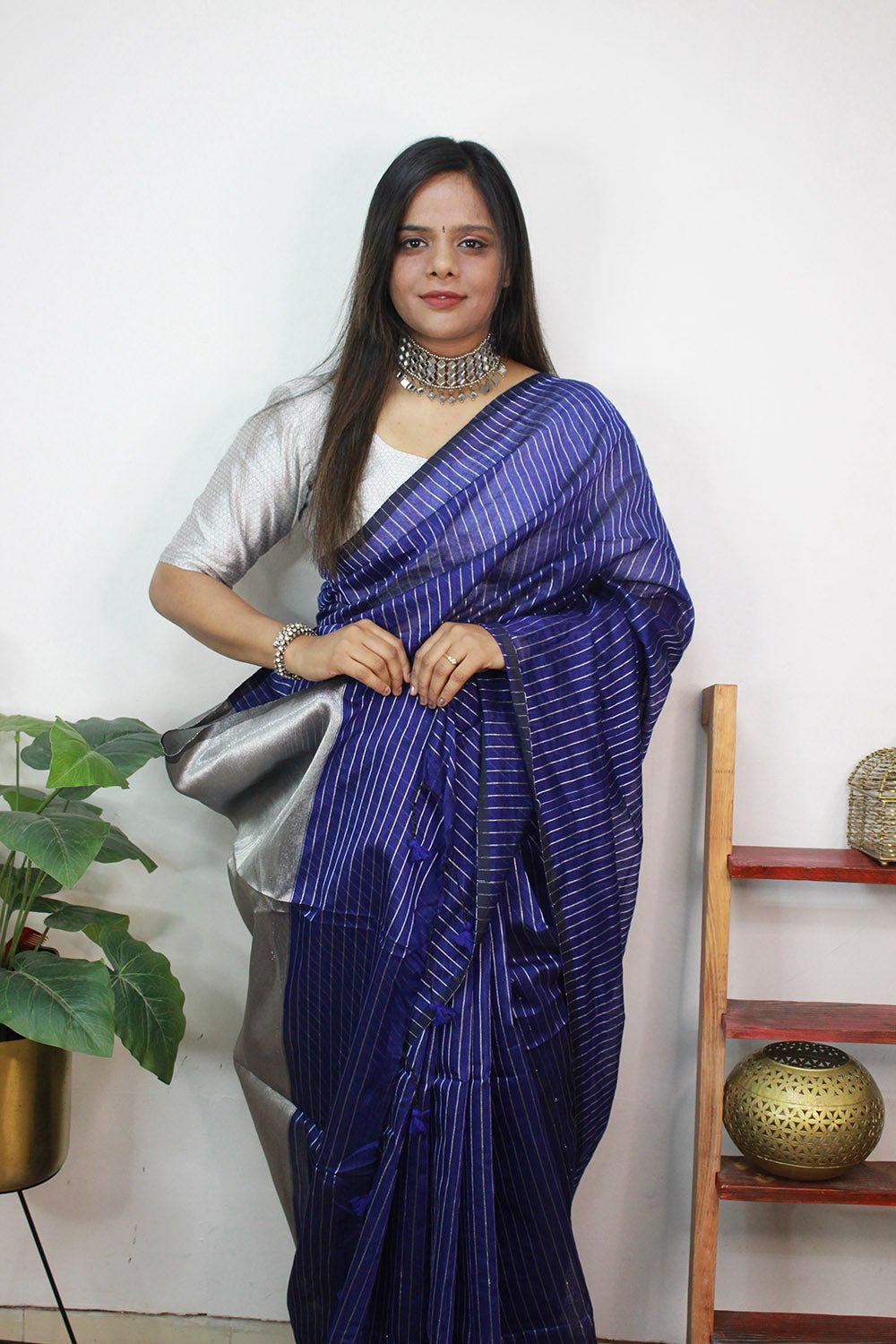 Dark blue saree with silver border - Sri Kumaran Stores