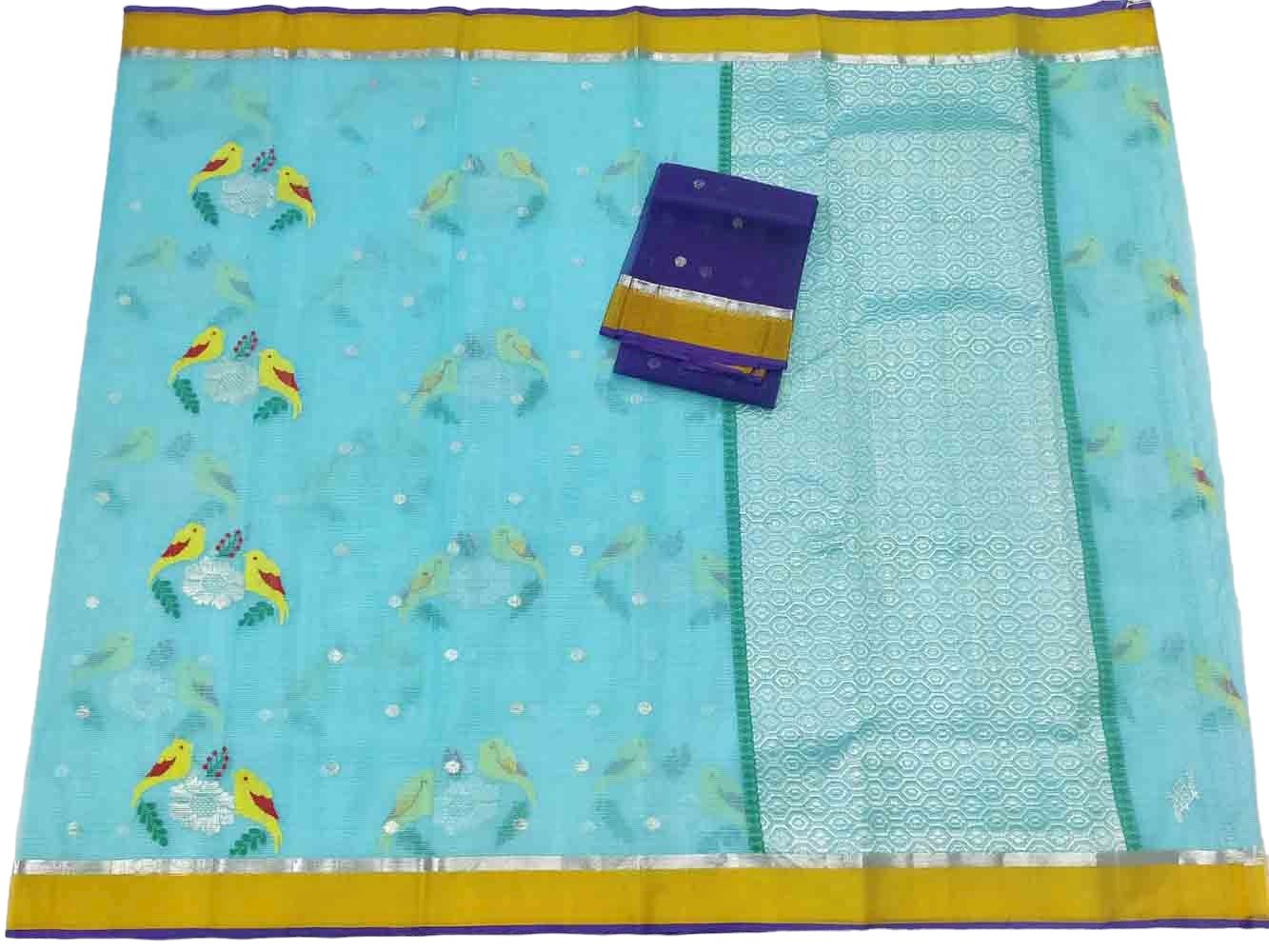 Blue Handloom Kota Doria Real Zari Figure Design Saree - Luxurion World