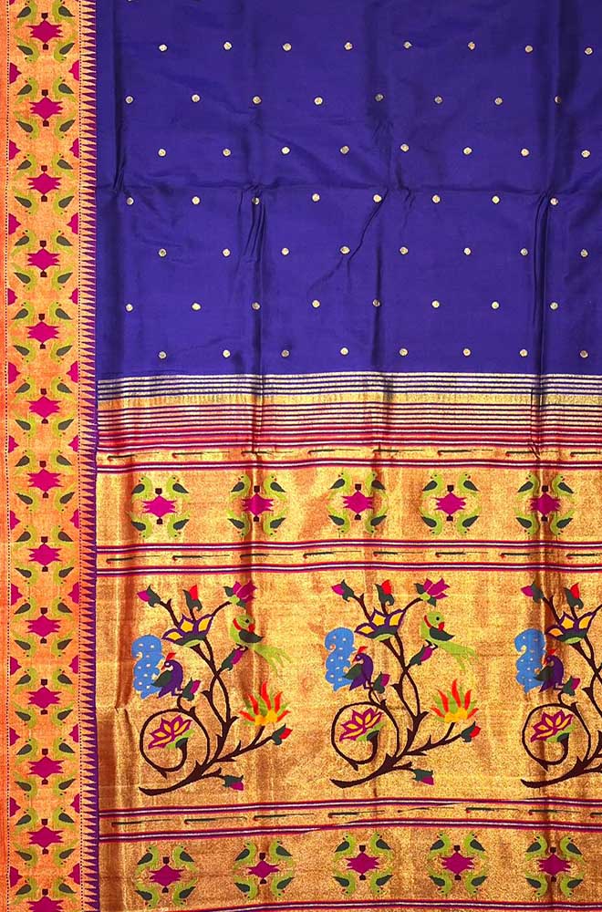 Blue Handloom Paithani Pure Silk Bird & Floral Design Saree - Luxurionworld