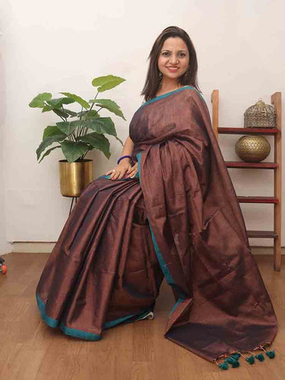 Brown Bengal Plain Tissue Cotton Saree - Luxurion World