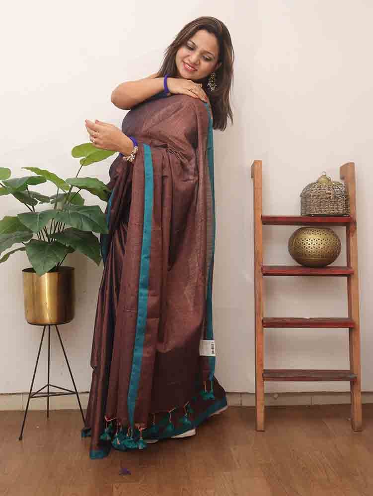 Brown Bengal Plain Tissue Cotton Saree - Luxurion World