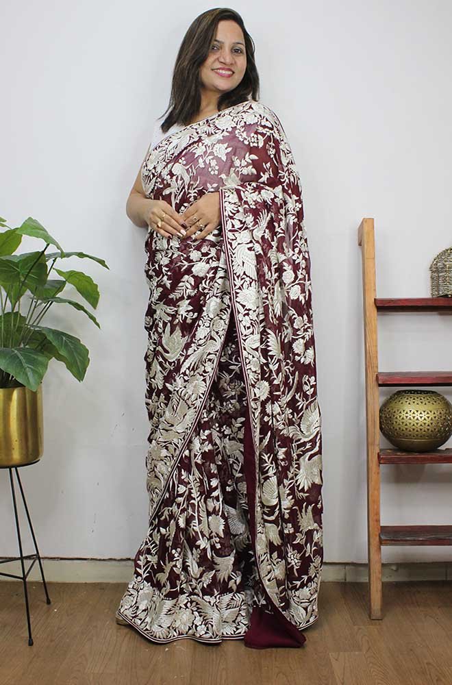 Brown Hand Embroidered Parsi Gara Pure Georgette Saree - Luxurion World