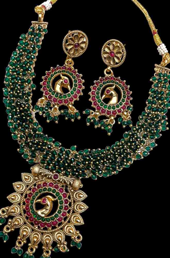 Mayura | Peacock Designed Necklace Set with Green Beads