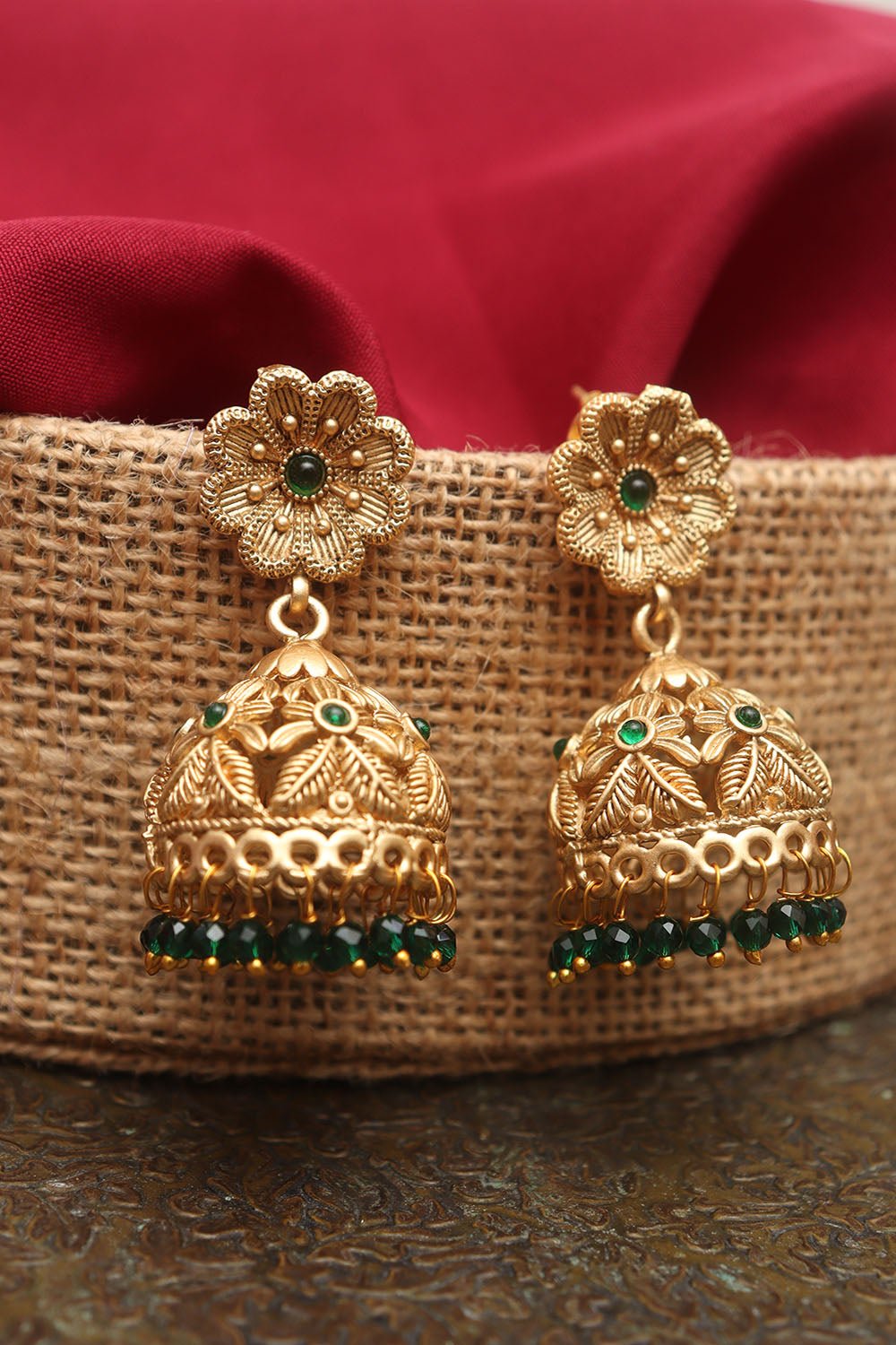 golden and green meenakari jhumka earring 272245