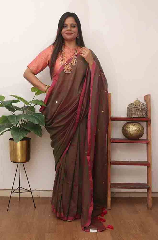 1 Min Ready To Wear - Green And Maroon Bengal Plain Cotton Saree - Luxurion World