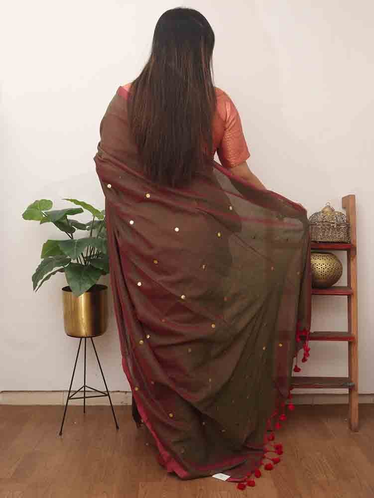 1 Min Ready To Wear - Green And Maroon Bengal Plain Cotton Saree - Luxurion World