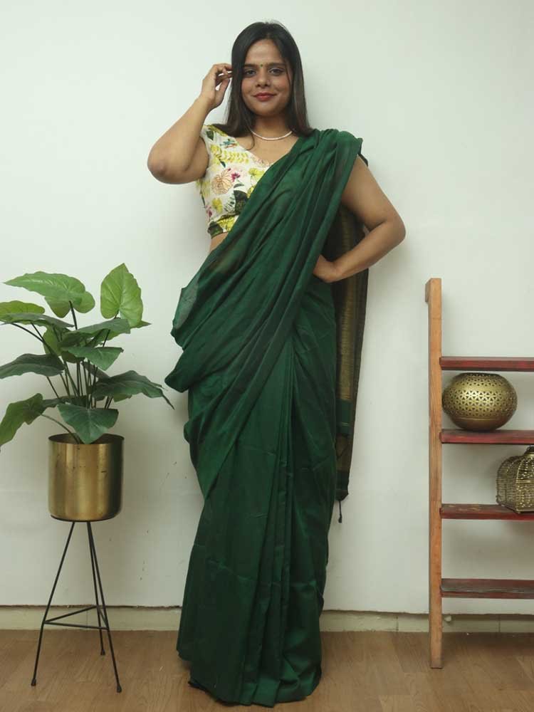 Green Bengal Plain Cotton Saree - Luxurionworld