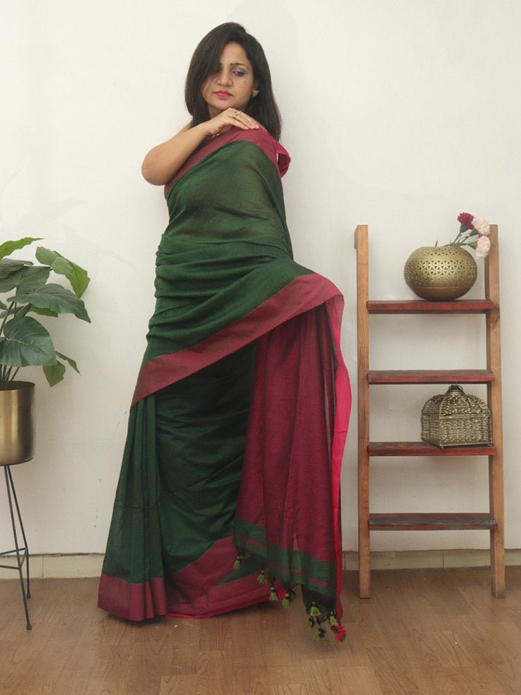 Green Bengal Plain Cotton Saree - Luxurion World