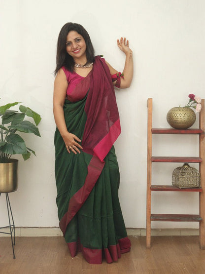 Green Bengal Plain Cotton Saree - Luxurion World