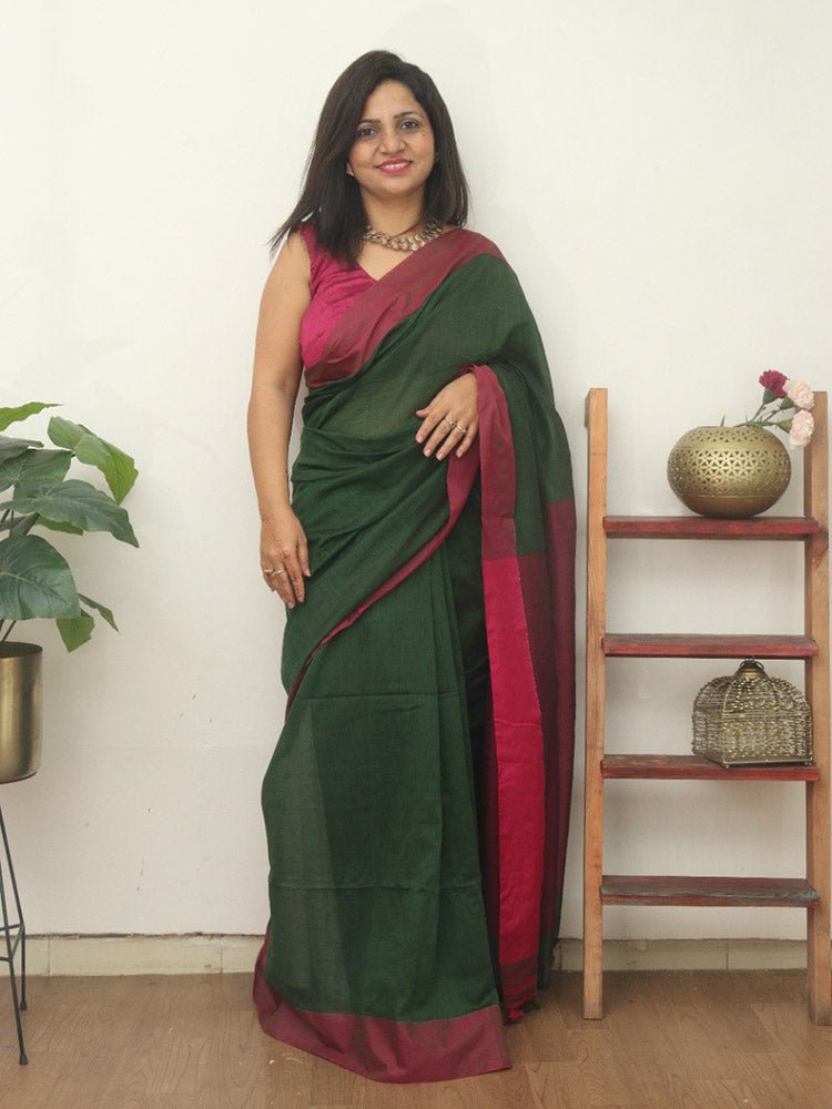 Green Bengal Plain Cotton Saree - Luxurion World