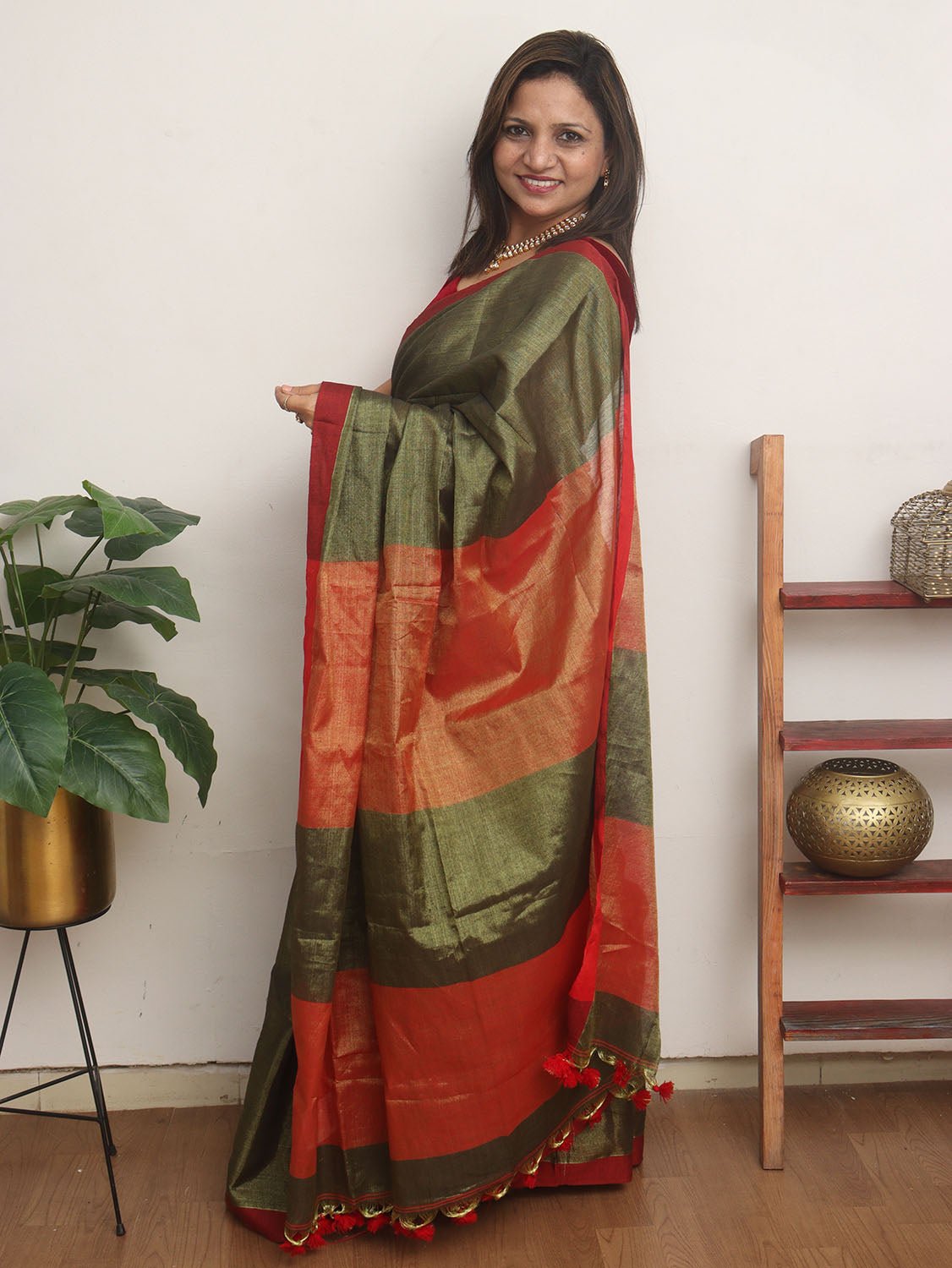 Green Bengal Plain Tissue Cotton Saree - Luxurion World