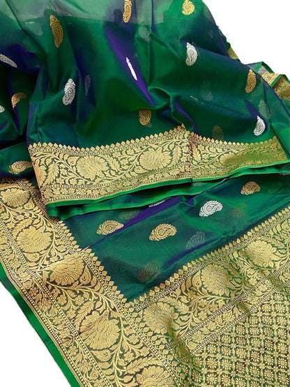 Green Handloom Banarasi Pure Kora Silk Sona Roopa Saree - Luxurion World