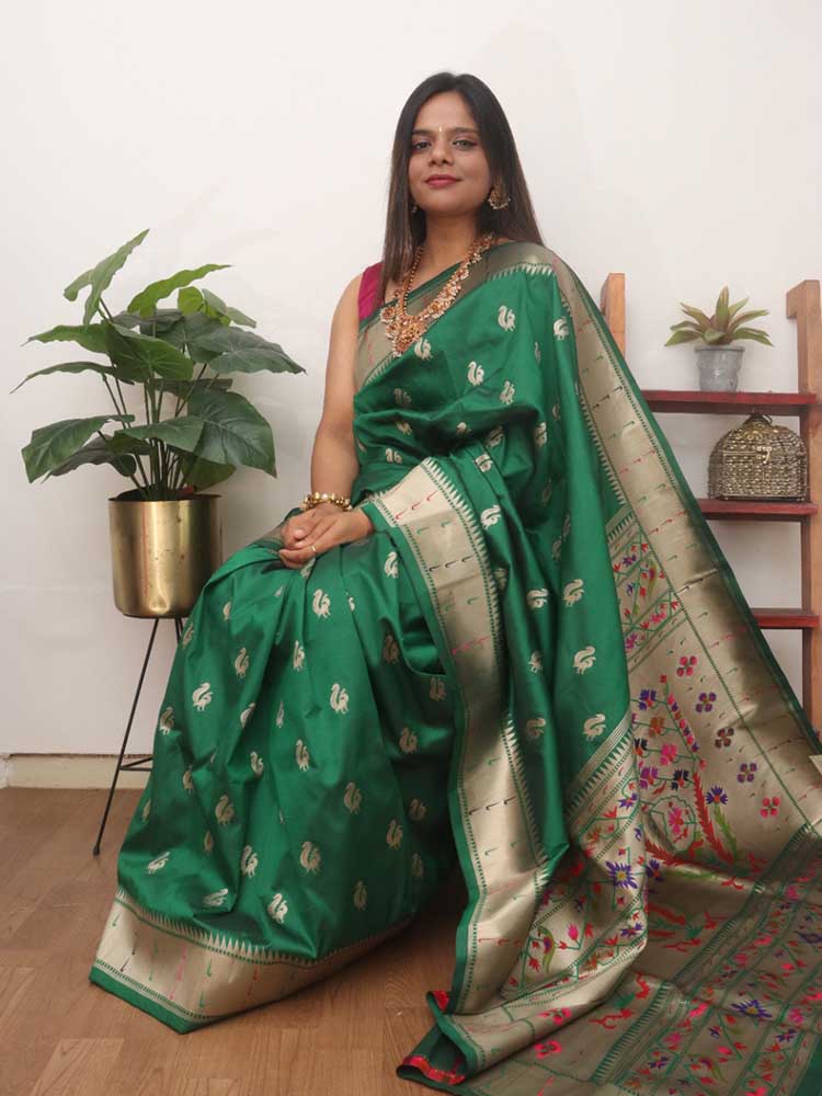 Buy Sea Green Paithani Silk Saree With Blouse Piece online-Karagiri