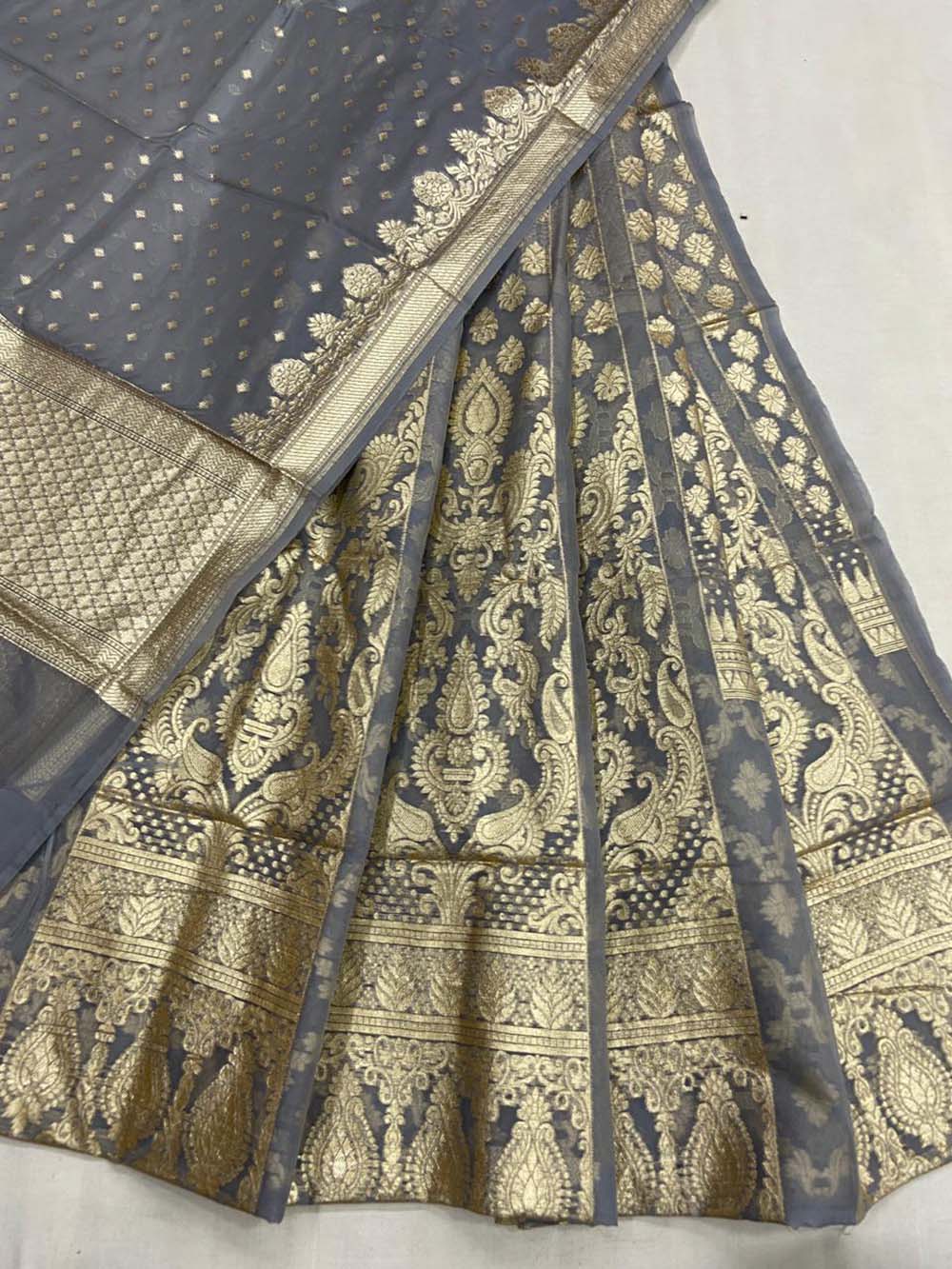 Buy Yellow Hand Embroidered Chanderi Silk Lehenga Set - Set of 3 |  VD133/STUB1 | The loom