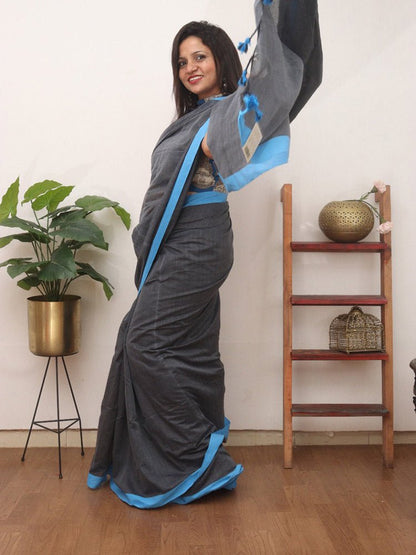 Grey Bengal Plain Cotton Saree - Luxurion World