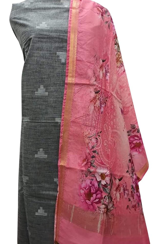 Grey Bhagalpur Linen Two Piece Unstitched Suit Set With Digital Printed Dupatta - Luxurion World