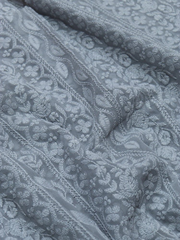 Shop the Exquisite Grey Embroidered Chikankari Georgette Fabric (1 Mtr ...