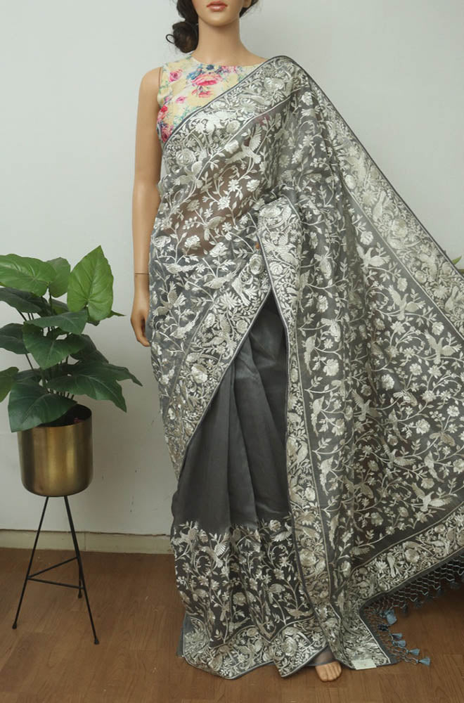 Buy online Bird Print Grey Chanderi Silk Saree from ethnic wear for Women  by Spatika Sarees for ₹8950 at 0% off | 2024 Limeroad.com