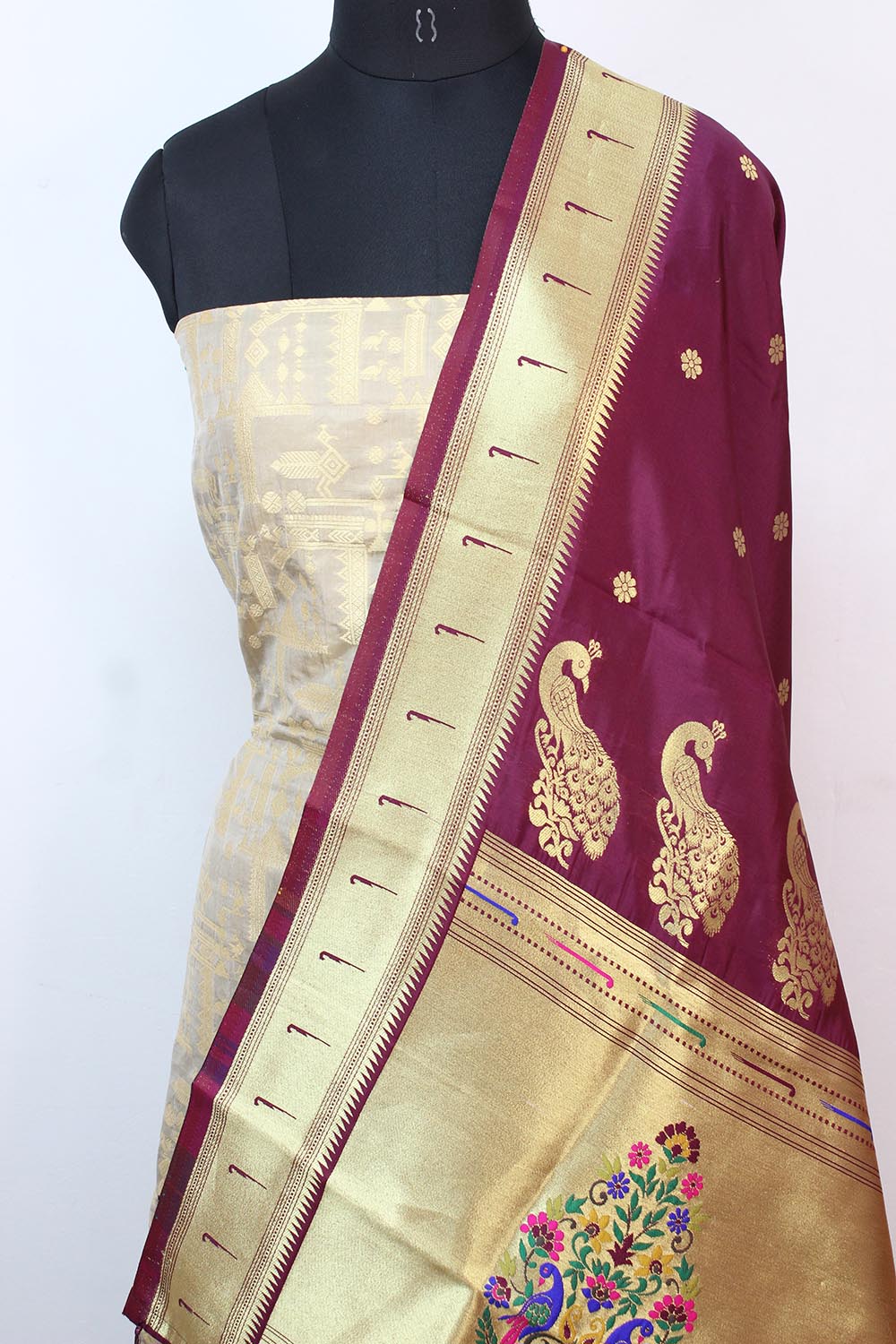 grey handloom banarasi pure katan silk suit with maroon paithani silk dupatta 311466